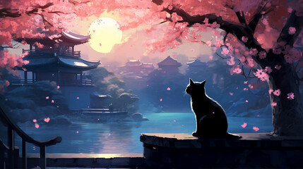 Cute black cat sitting in garden alone under cherry blossoms trees watching japanese scenery at night, Fuji mount in the background with night lights from moon and old castle with water reflection