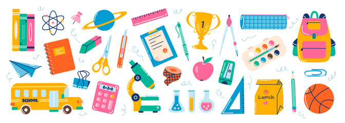 School elements set. Vector flat illustration in hand drawn style. Back to school