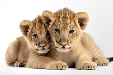 Image of two baby lions cubs cuddle together on white background. Wildlife Animals. Illustration, Generative AI.