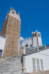 Wall Mural - Staircase with clock tower and facade of Saint Mary church, Serpa - Alentejo PORTUGAL