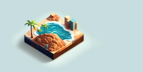 Wall Mural - Tropical island with sea and beach in isometric cartoon style. Banner template on a pastel blue background with copy space. Generative AI 3d render illustration imitation.