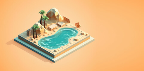 Wall Mural - Tropical island with palms, sea and beach in isometric cartoon style. Banner template on a pastel orange background with copy space. Generative AI 3d rendering illustration imitation.