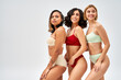 © LIGHTFIELD STUDIOS - Positive and multiethnic women in stylish colorful lingerie posing while standing next to each other isolated on grey, different body types and self-acceptance concept, multicultural models