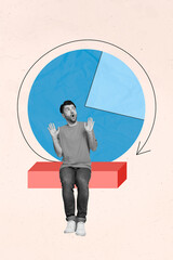 Poster - Retro 3d magazine collage of impressed shocked guy analyzing statistics graphic isolated pastel color background