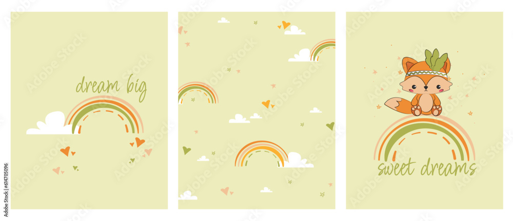 Cute posters with a little fox,rainbow, stars and clouds vector prints ...