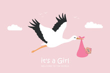 Baby Greeting Card With Cartoon Stork With Newborn Baby Girl Vector Illustration EPS10