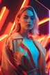 © Road Red Runner - Young model poses among neon lights and futuristic plastic clothing. Ai generated.