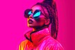 © Road Red Runner - Young model experiences futuristic fashion with colorful neons. Ai generated.