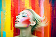 © Road Red Runner - Young female model with colorful makeup against a vibrant painted wall. Ai generated.