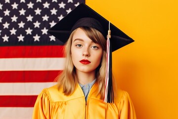 Wall Mural - Young American girl with mortarboard, happy for her graduation.