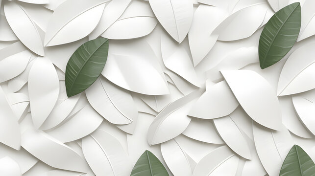 White geometric leaves 3d tiles texture Background banner panorama. Generative AI.