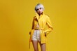 © Road Red Runner - Elegant and sophisticated woman in a yellow trench coat poses sweepingly in studio background. Ai generated.