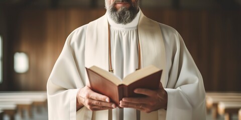 Christian priest during a homily, holds the open bible in his hands. AI generated.