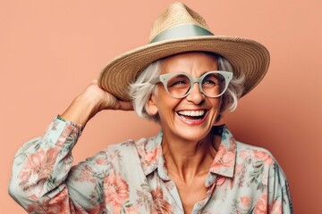 A dynamic and happy retired grandmother, smiling, starting her summer vacation. Ai generated.