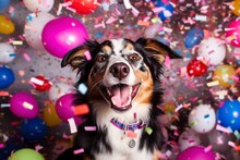A Super Happy Dog On His Birthday, Surrounded By Confetti And Party.