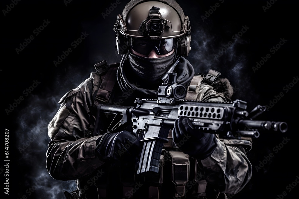 Army soldier in Protective Combat Uniform holding Assault Rifle ...