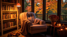 Cosy Room With Armchair At Autumn Evening With Bookshelf. 