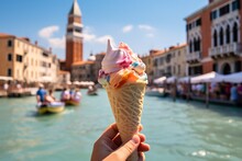 A Gelato Cone Against Venice's Backdrop, With Gondolas Swaying On The City's Romantic Canals.