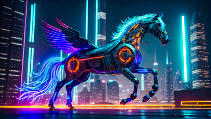 Futuristic Charm: Advanced Steel Horse with Wings