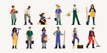 Farmer Characters Collection. Cartoon Agriculture Workers With Organic Gardening Tools, Farm Labor And Gardening Woman And Man Characters. Vector Isolated Set