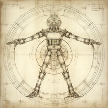 Robot As Vitruvian Man By Da Vinci, Mechanical Drawing In The Style Of Vintage Sci-fi, Classical Proportions Of Early Medieval Art, Renaissance Illustration Of Human Anatomy