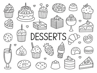 desserts and sweets doodle set. candies, chocolate, cakes, donut, ice cream in sketch style. hand dr