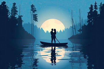 Wall Mural - romantic couple in boat on the river at night nature landscape illustration Generative AI