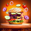 hamburger with cheese and flying  vegetables