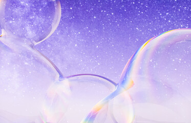 Poster - Abstract 3d art with holographic soap bubbles floating on sky background. fluid. liquid blobs. 