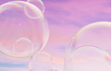 Wall Mural - Abstract 3d art with holographic soap bubbles floating on sky background. fluid. liquid blobs. 