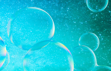 Poster - Abstract 3d art with holographic soap bubbles floating on sky background. fluid. liquid blobs. 