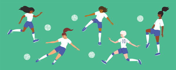 Set of diversity female soccer players illustrations. Women in white blue sport wear playing ball green football field. Isolated vector collection. Women's league, girl team training, athlete females