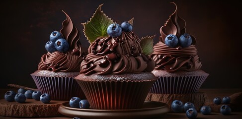 Wall Mural - Dark table with chocolate-blueberry cupcakes.