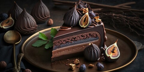 Wall Mural - Figs and chocolate cake, served on a stone dish.