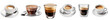 Set with cups of hot aromatic espresso coffee on transparent background. Banner design