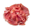 Slices of Parma ham in top view isolated