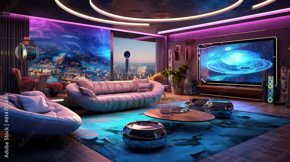 Bright & visionary futuristic living room design - interior with modern ...