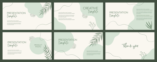 Presentation organic green templates. Natural floral green minimal vector backgrounds with organic shapes and palm leaves