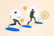 © deagreez - Creative abstract collage photo of businesspeople run to achieve their goals building career make income isolated on drawing background