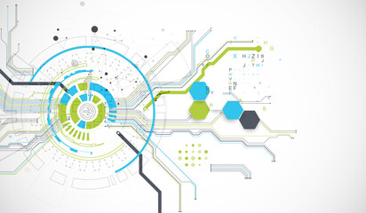 Abstract background with plexus effect. Scientific and technological concept with the use of technical elements formed in the shape of a circle.