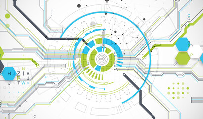 Abstract background with plexus effect. Scientific and technological concept with the use of technical elements formed in the shape of a circle.