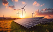 Modern Wind turbines and solar panels sunset light. Concept eco green renewable energy. 