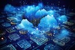 Close-up, seamless transfer and storage of big data on the internet, capturing the essence of cloud computing. Generative AI