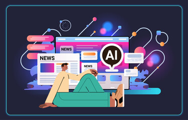 man journalist reading news on laptop screen special report news summarization artificial intelligence concept