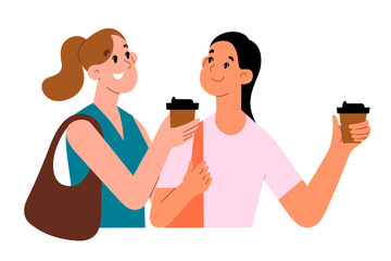 Two women walk and talk drinking coffee-to-go, girlfriends spend time together, Asian and Caucasian female characters chat on a walk, flat vector illustration isolated on white background