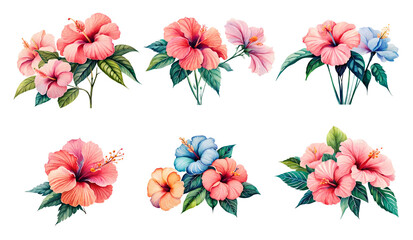 Wall Mural - Watercolor hibiscus flower set. Generative Ai