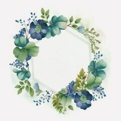 Wall Mural - Hexagon frame of blue flower and green leaves with watercolor painting isolated on white background. Theme of vintage minimal art design in geometric. Finest generative AI.
