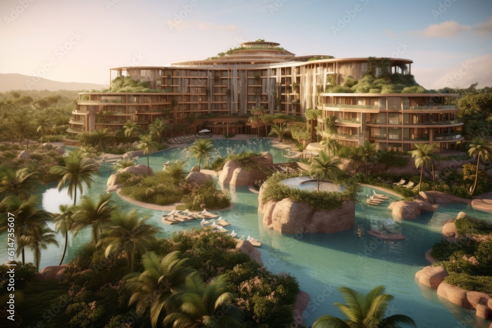 3D render of a luxurious hotel or resort, showcasing pristine beaches ...