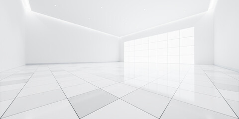 Wall Mural - 3d rendering of white tile floor in perspective, empty space or room, light from window. Modern interior home design of living room, look clean, bright, surface with texture pattern for background.