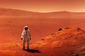 Wall Mural - Ravishing digital illustration of Mars landscape feature with red surface and mountain with astronaut. Space exploration and martian on red planet concept by generative AI.